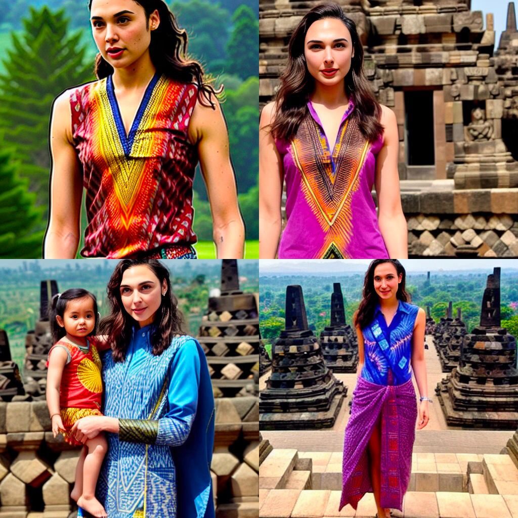 Gal Gadot wearing batik, near Borobudur
