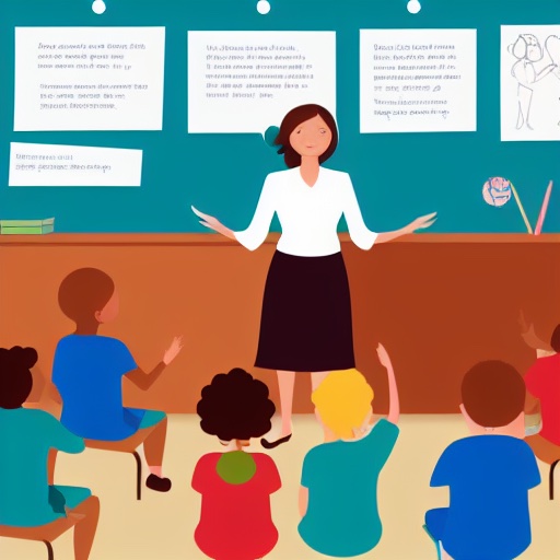 illustration of a teacher teach to write stories to children in the classroom